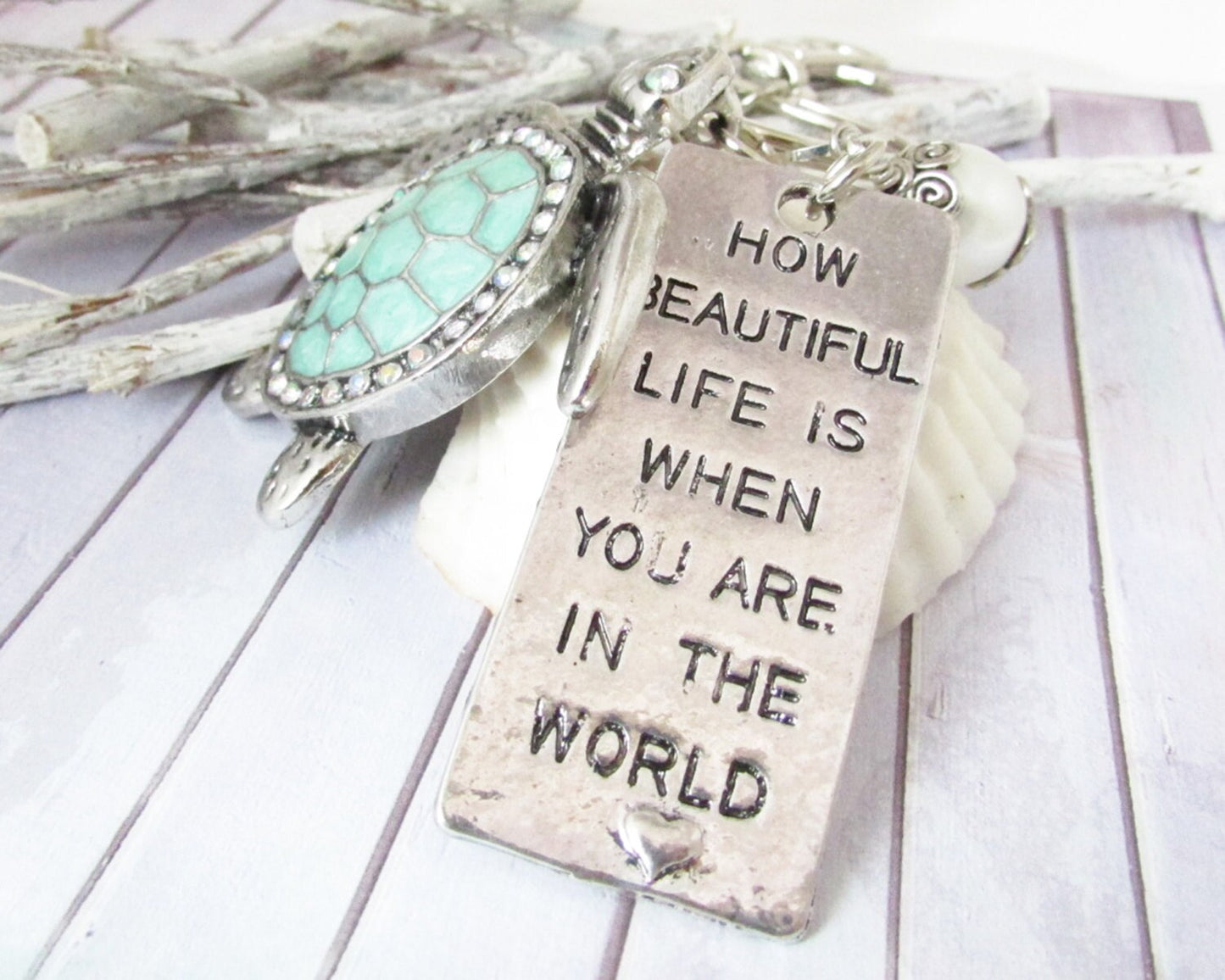 Sea Turtle Keychain – Abalone Shell Beach Keyring, Ocean Lover Gift