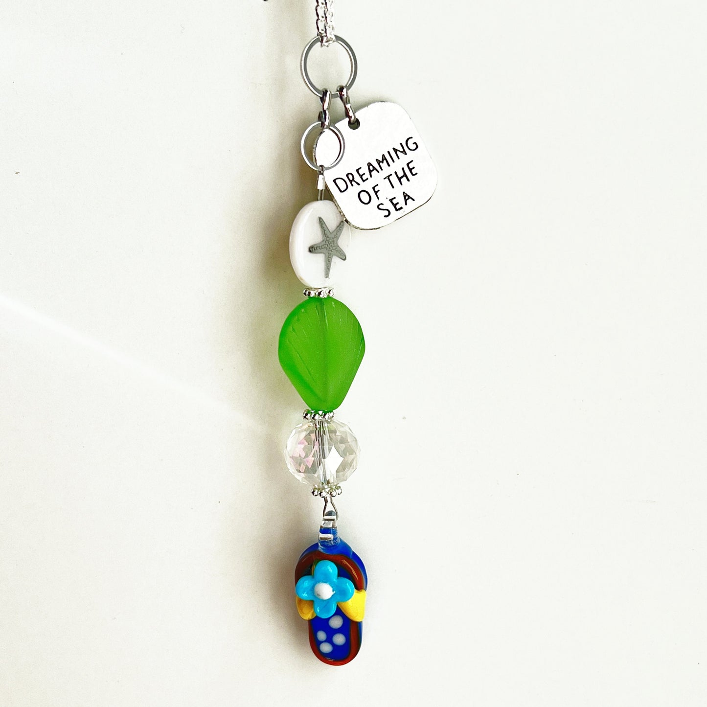 Sea Glass Car Charm – Flip Flop & Starfish Rear View Mirror Ornament with Beach Quote
