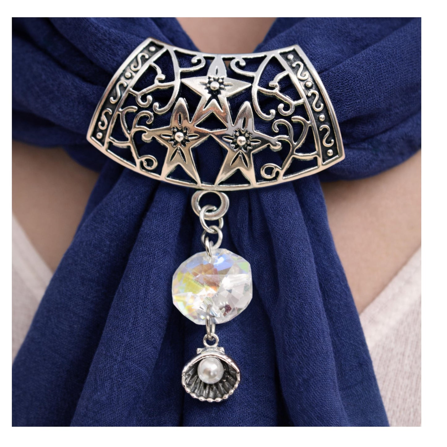 Seashell Scarf Pendant Slide – Silver Shell with Pearl Accent, Beach Scarf Jewelry
