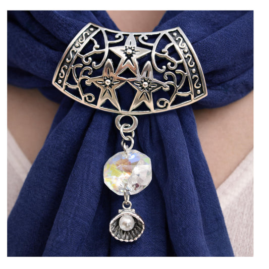 Seashell Scarf Pendant Slide – Silver Shell with Pearl Accent, Beach Scarf Jewelry