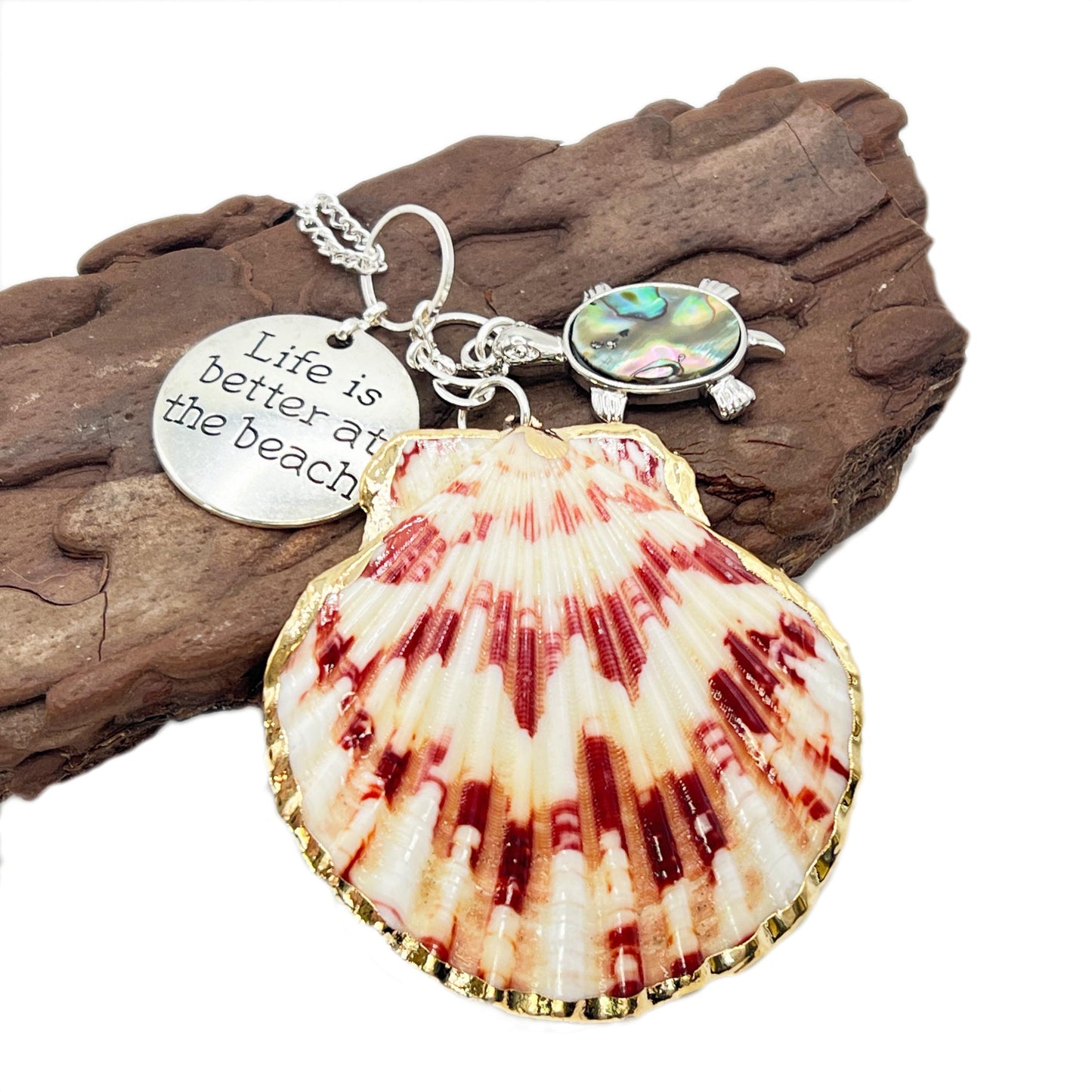 Handmade abalone shell sea turtle rearview mirror car charm, iridescent coastal beach accessory