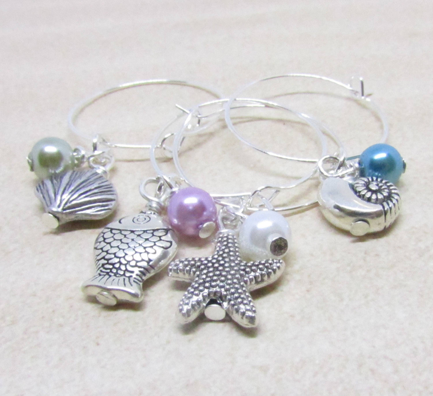 Beach Wine Glass Charms – Shell, Fish & Starfish with Pearl Beads, Coastal Hostess Gift Set of 4