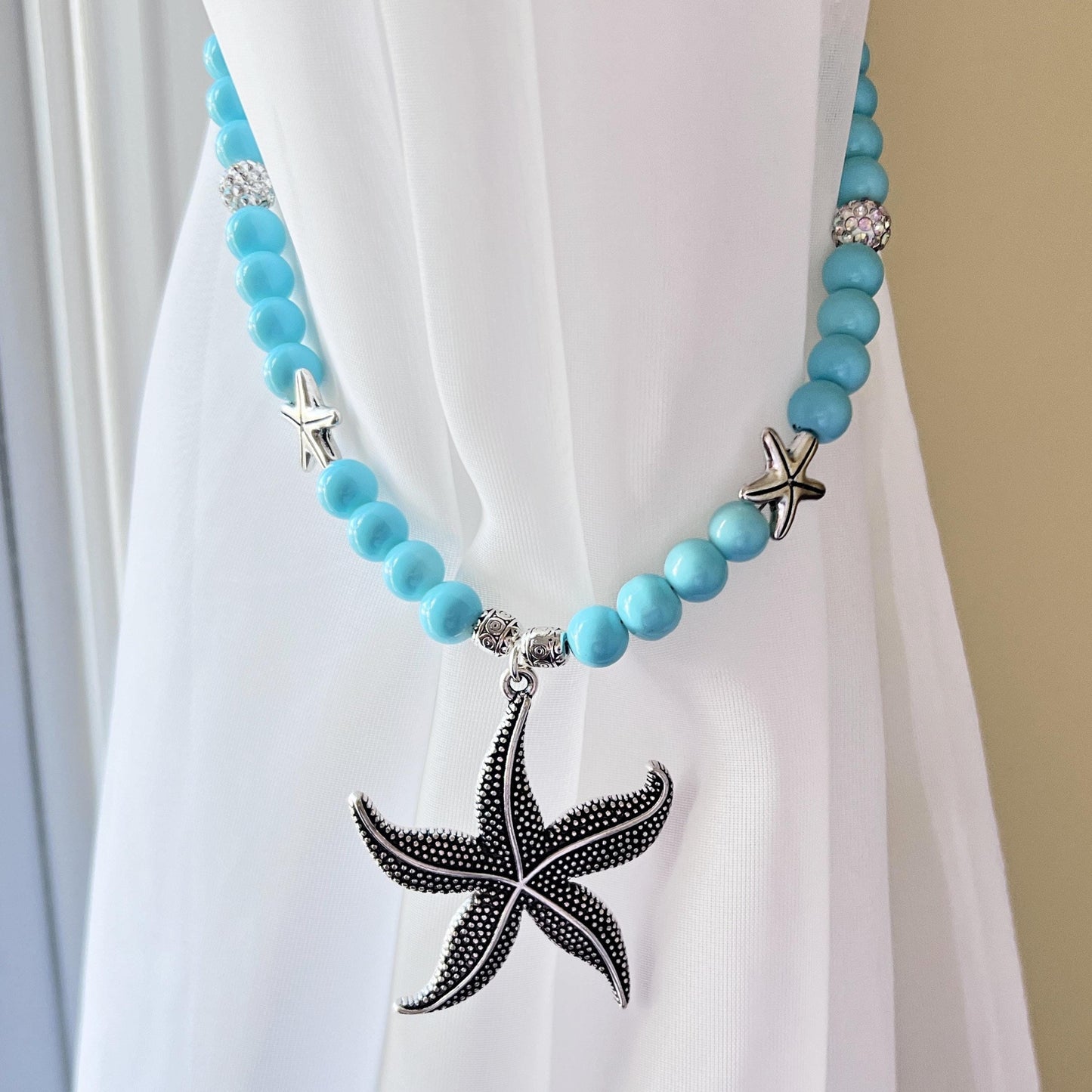 Starfish Curtain Tiebacks – Sea Green Beaded Coastal Shabby Chic Decor, Set of 2