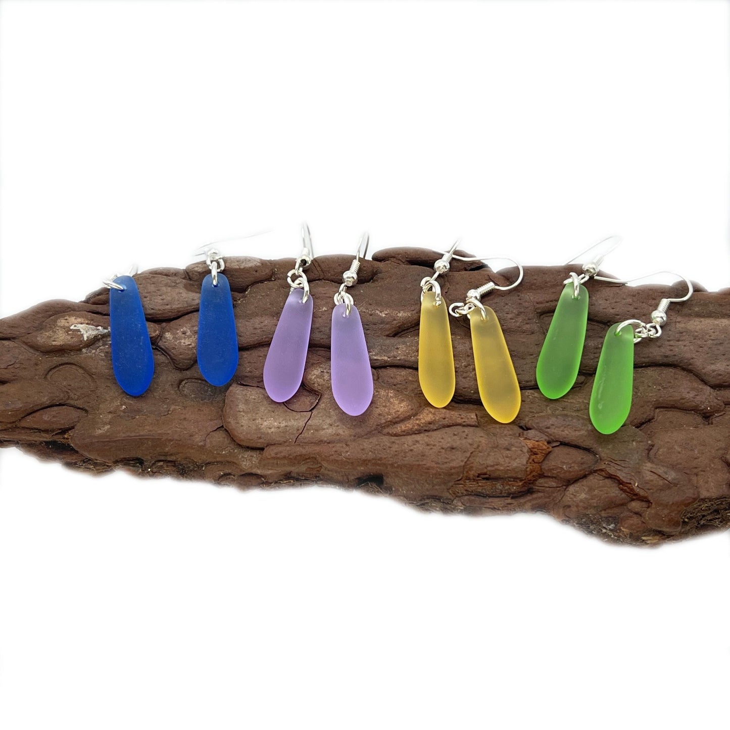 Boho Sea Glass Dangle Earrings – Yellow, Blue, Green or Purple, Handmade Coastal Beach Gift