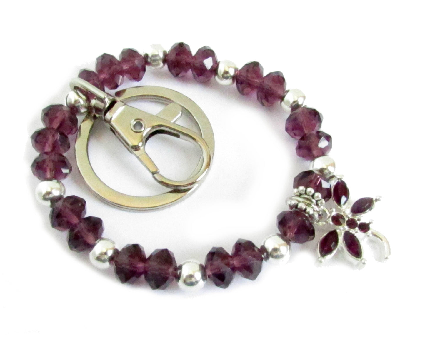 Purple Dragonfly Crystal Keychain Bracelet – Beaded Wrist Lanyard, Handmade Gift for Her