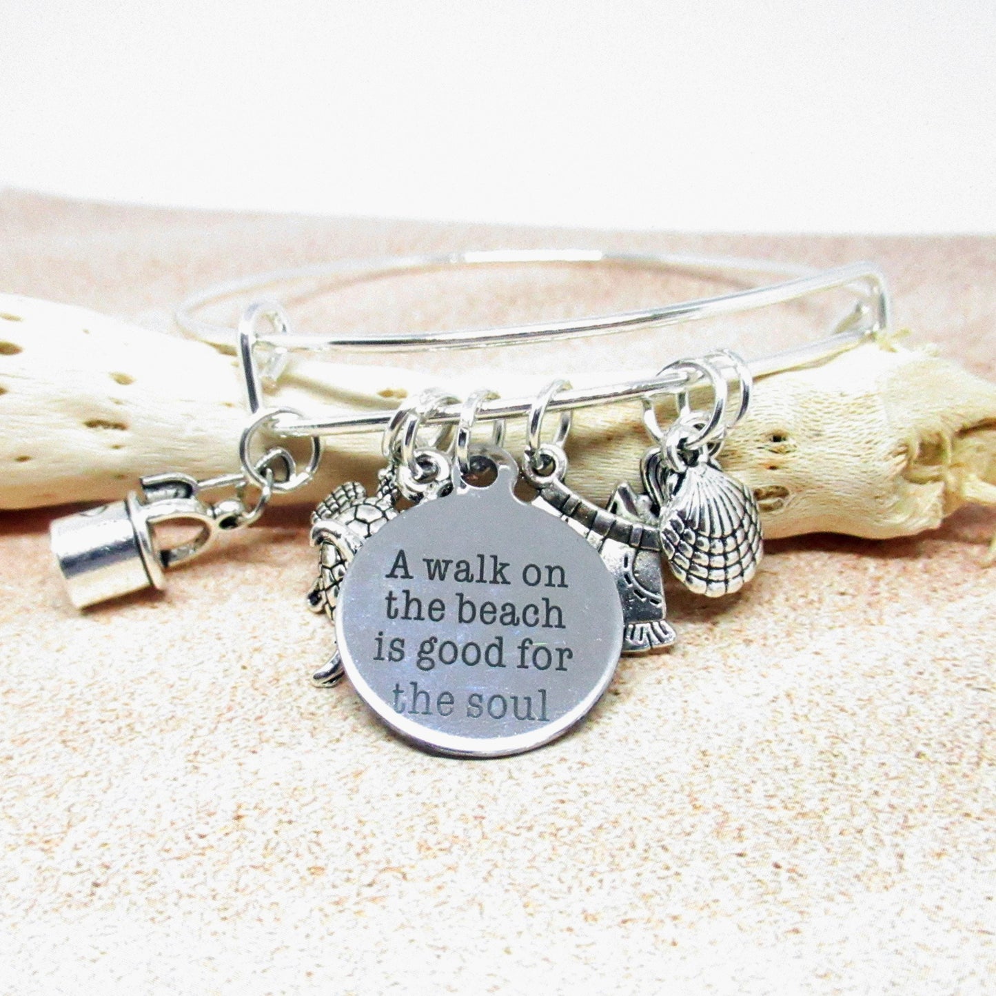 Beach Charm Bangle Bracelet – Sea Turtle, Mermaid & Starfish Ocean Jewelry, Coastal Gift