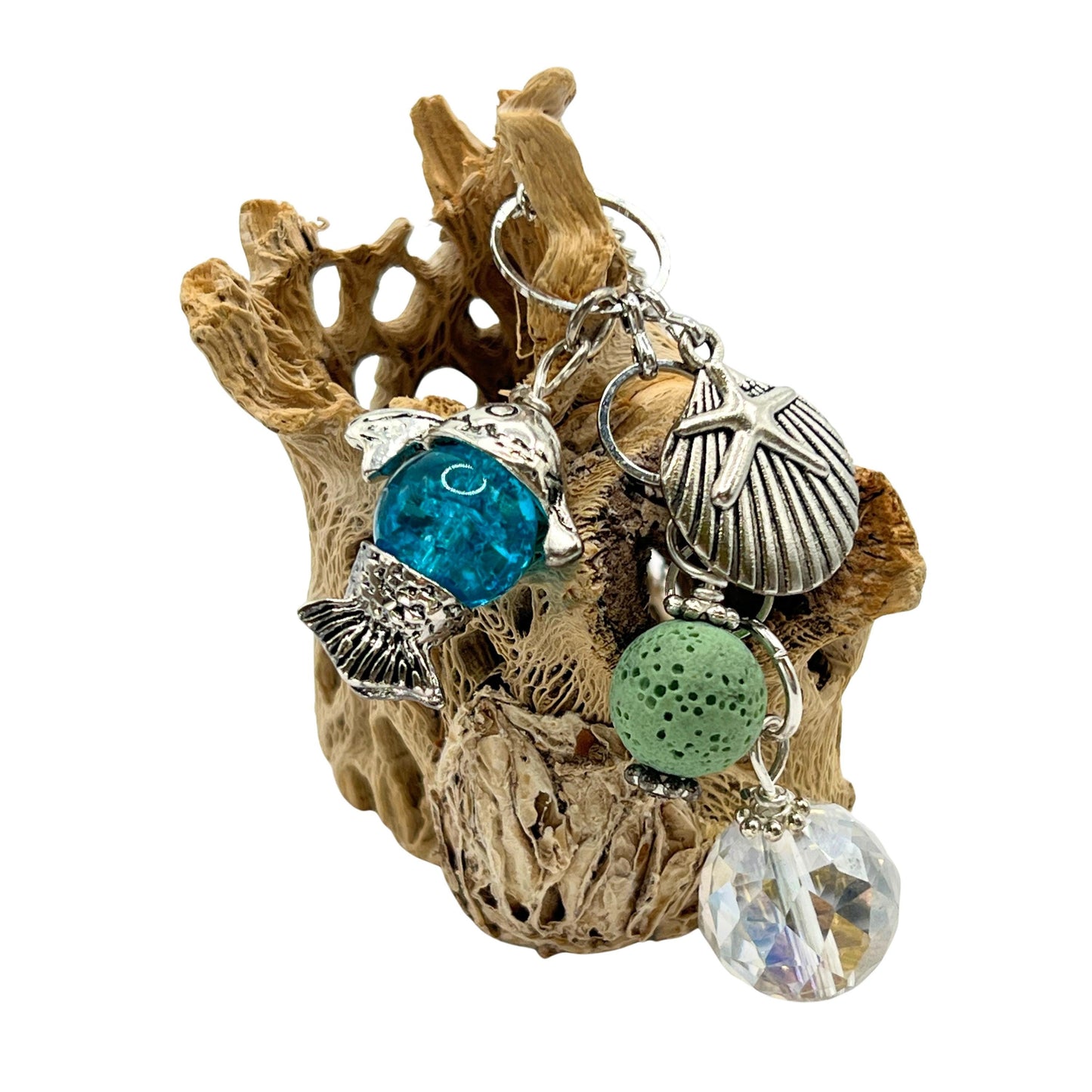 Tropical Car Diffuser Charm – Green Lava Bead & Fish Rearview Mirror Charm, Aromatherapy Car Accessory