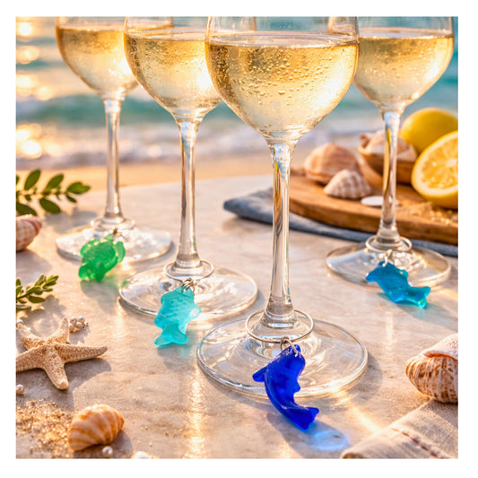 Sea Glass Wine Glass Charms – Coastal Drink Markers, Beach Party Decor, Set of 4