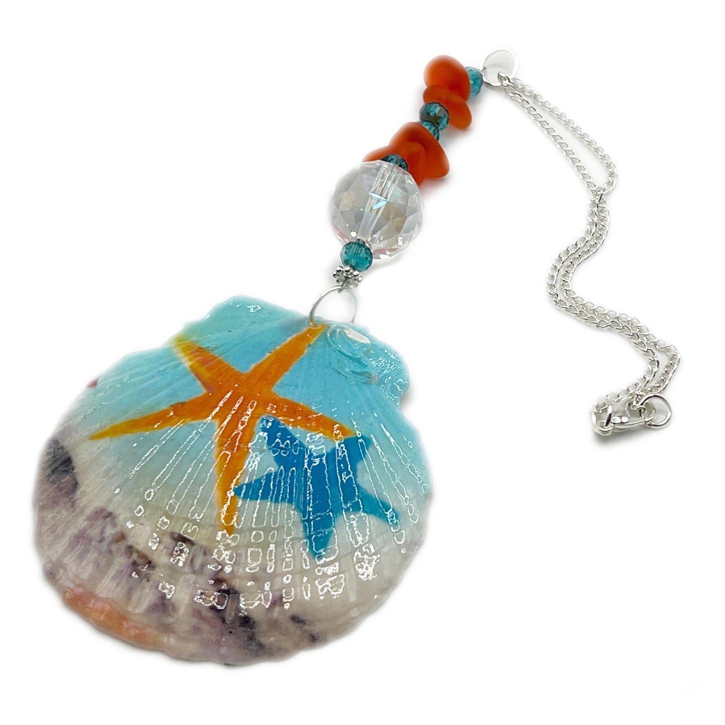 Painted Seashell Sun Catcher – Starfish Design with Sea Glass, Rear View Mirror or Window Decor