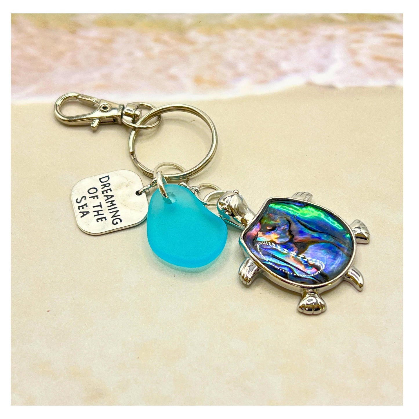 Sea Turtle Keychain – Abalone Shell, Sea Glass & Beach Quote Charm (Keychain or Car Charm)