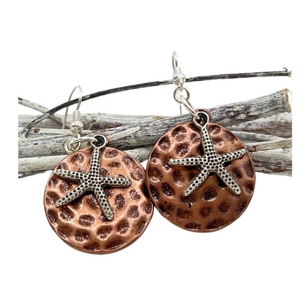 Boho Copper Dangle Earrings – Dragonfly or Starfish Charm, Rustic Handmade Beach Jewelry