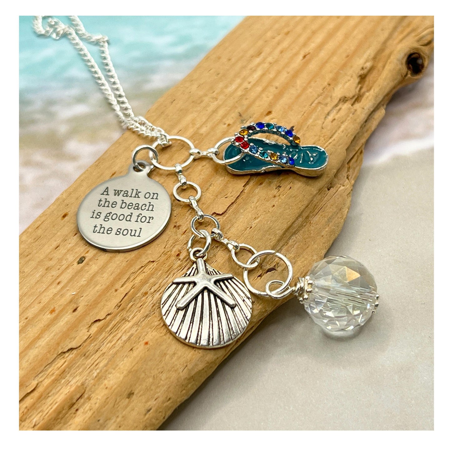 Tropical Car Mirror Charm – Starfish, Seashell & Flip Flop Suncatcher with Beach Quote