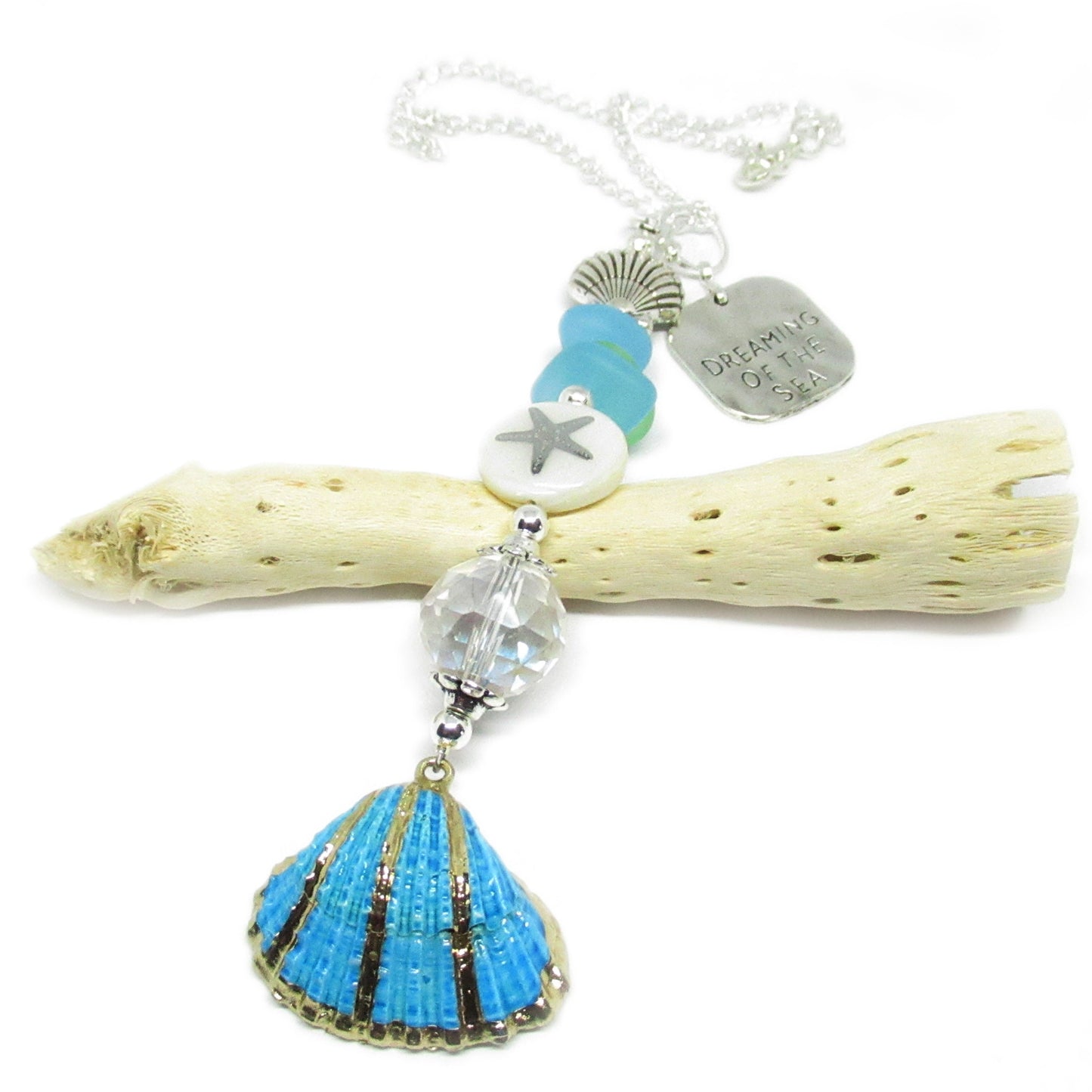 Seashell Car Charm – Rear View Mirror Sun Catcher with Crystal Heart & Sea Glass