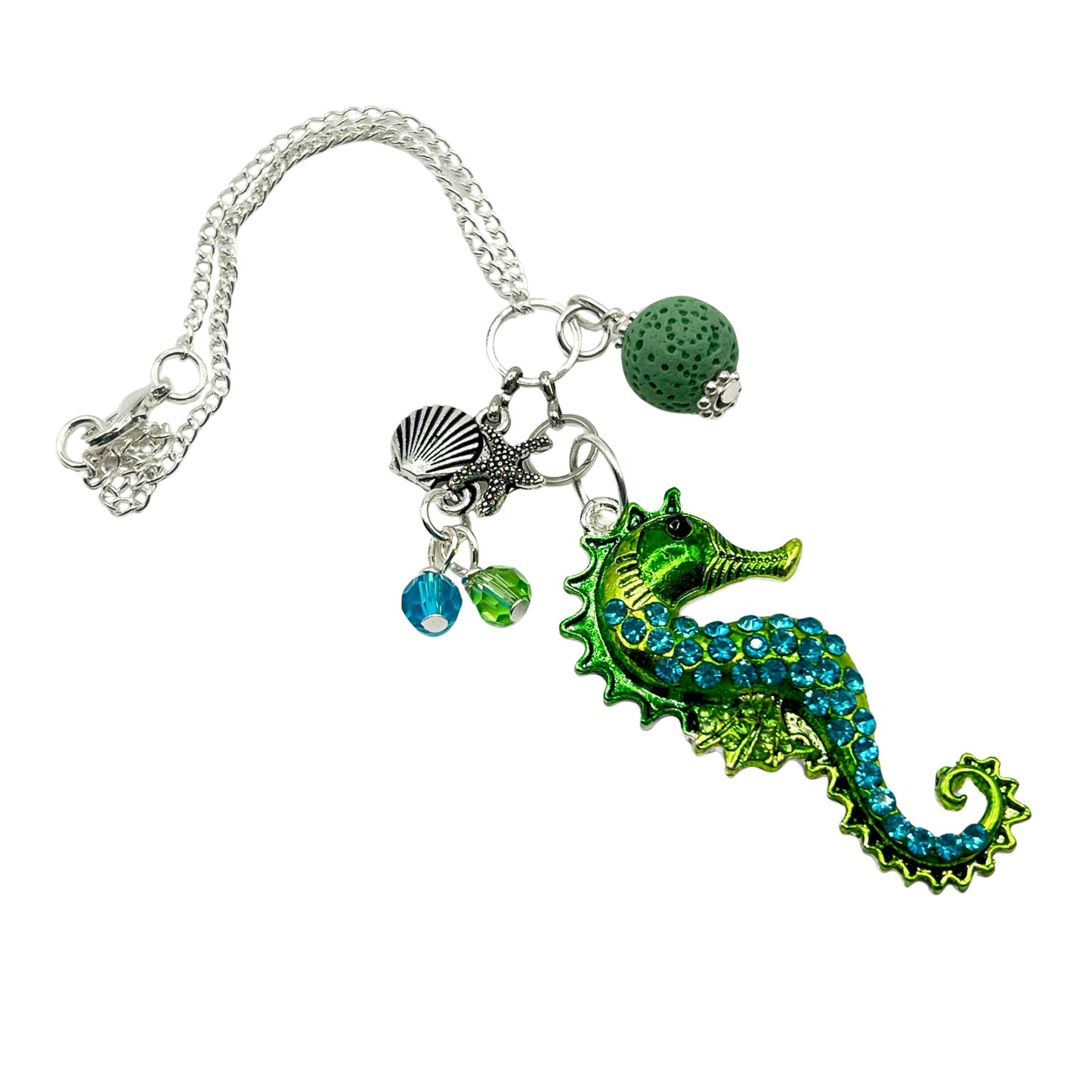 Sea Turtle Car Charm – Rhinestone Rear View Mirror Diffuser with Green Lava Bead, Choose Your Design