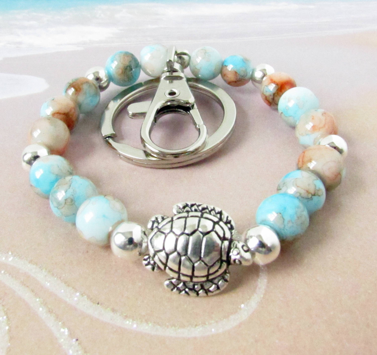 Sea Turtle Keychain Bracelet – Mottled Glass Beads & Silver Charm, Coastal Wristlet Gift
