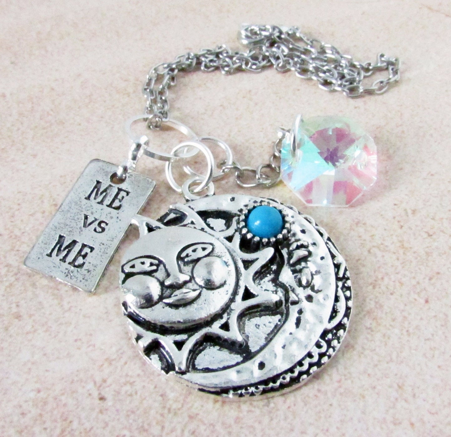 Celestial Car Charm – Sun Moon Rear View Mirror Charm with Crystal & Turquoise, Handmade Gift