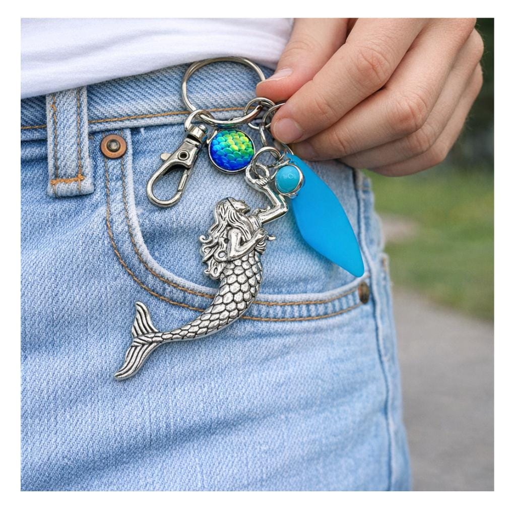 Mermaid Keychain with Sea Glass Charm – Blue or Green, Beach Lover Gift (Keychain or Car Charm)