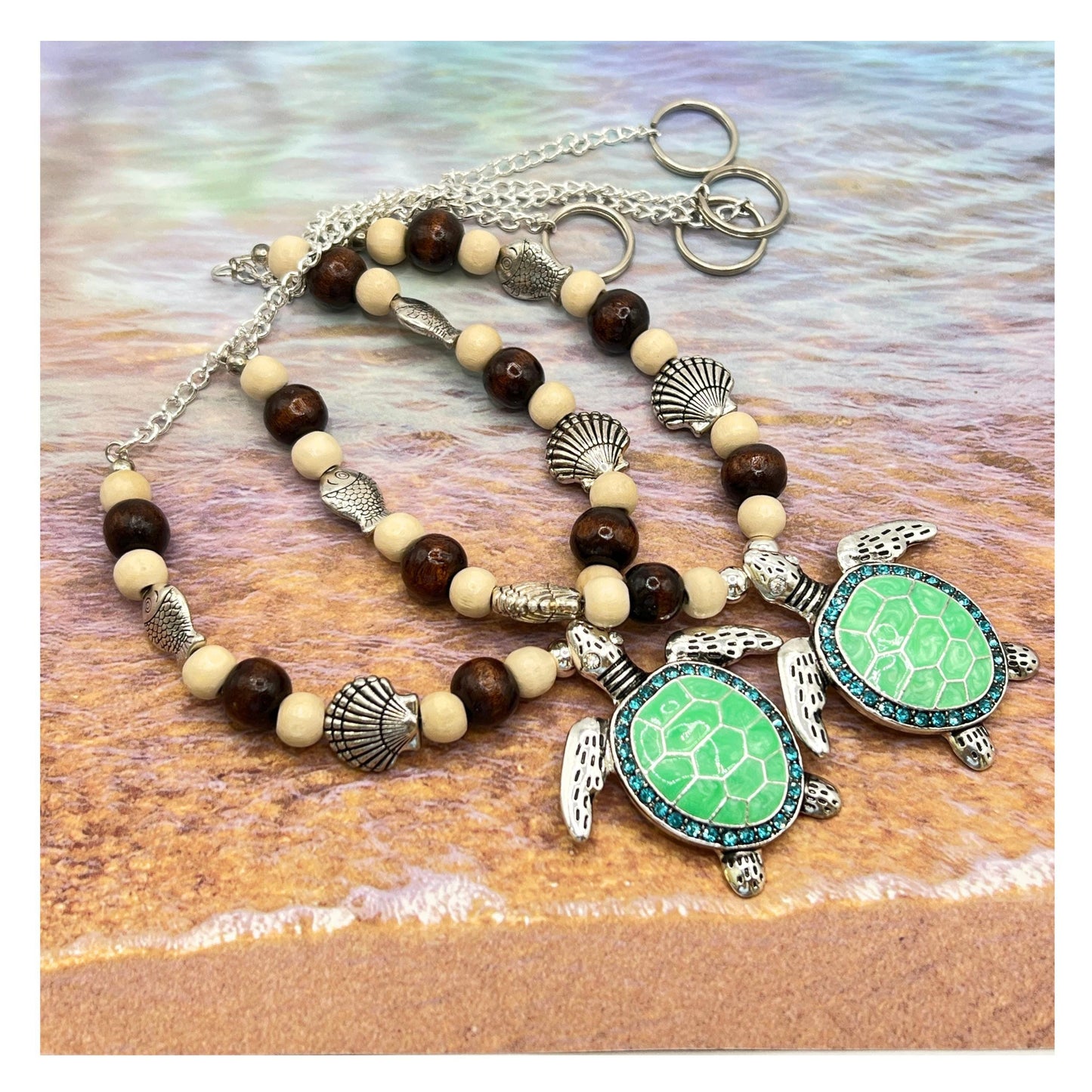 Sea Turtle Curtain Tiebacks – Wood Bead & Shell Coastal Beach Home Decor, Handmade Set of 2