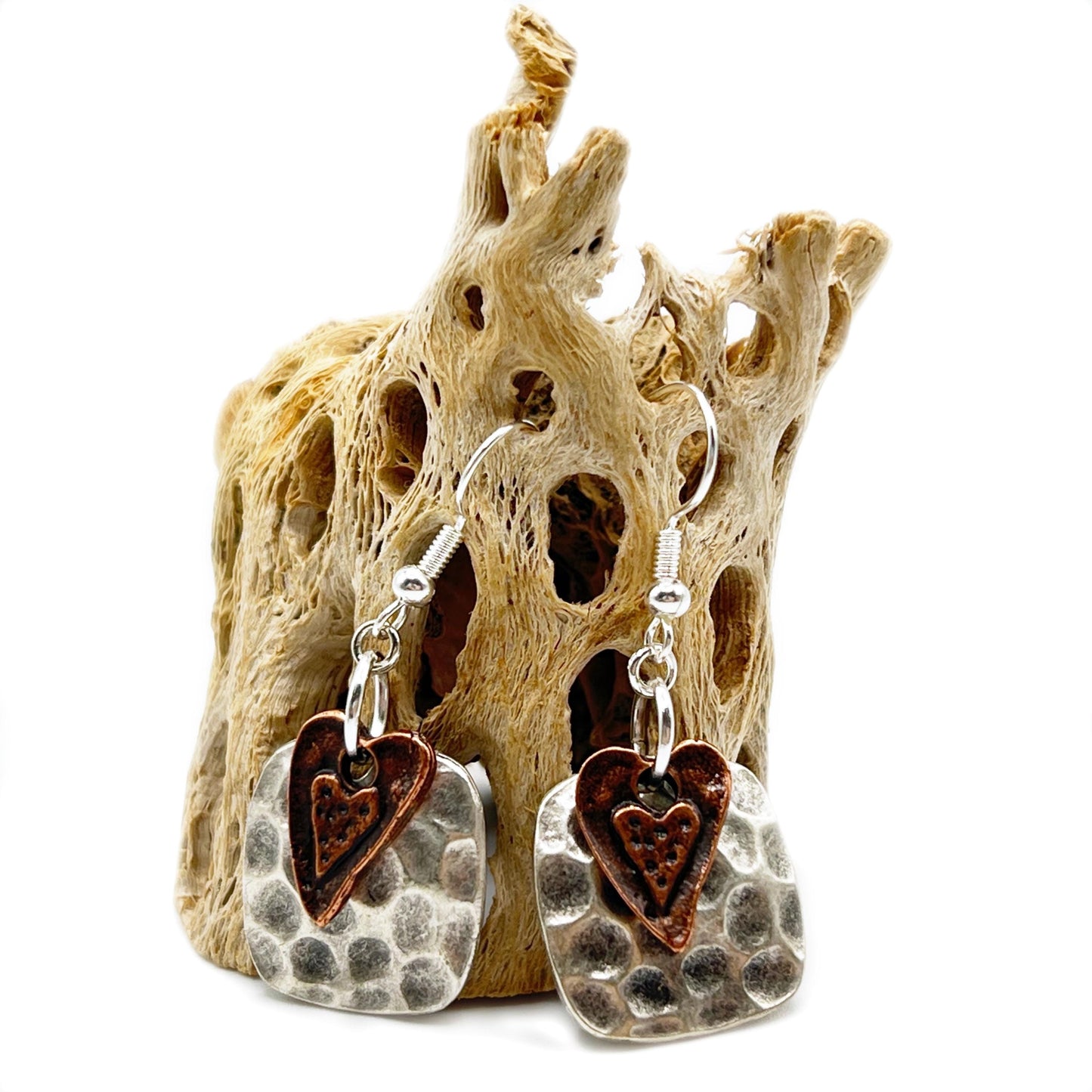 Boho Heart Drop Earrings – Hammered Silver with Copper Detail, Rustic Handmade Jewelry Gift