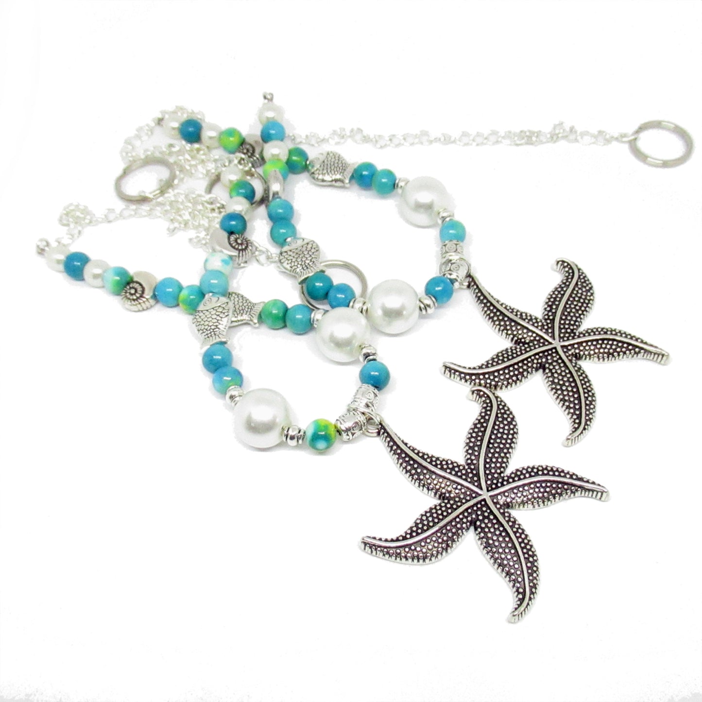 Starfish Curtain Tiebacks – Sea Blue & Green Beaded Nautical Beach Decor, Set of 2