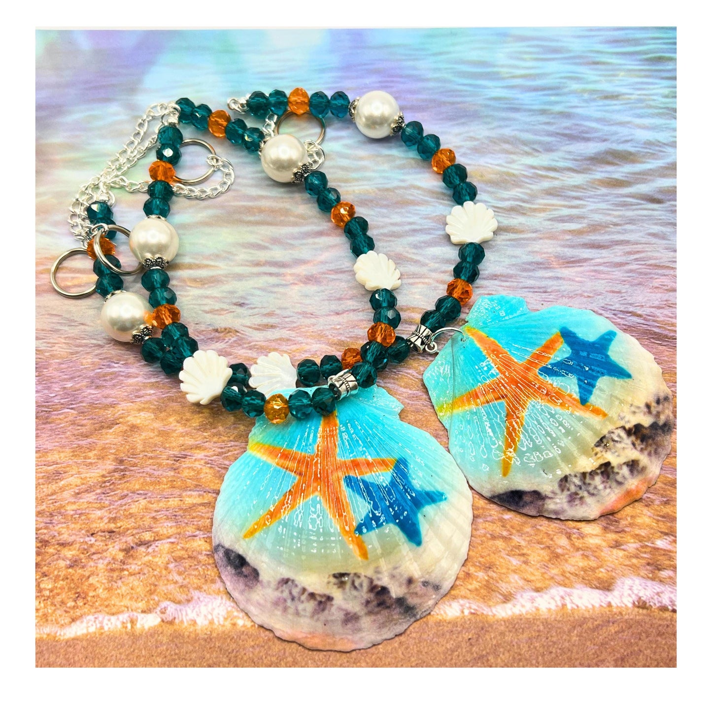 Sea Shell Curtain Tiebacks – Hand-Painted Shell Beaded Coastal Home Decor, Handmade Set of 2