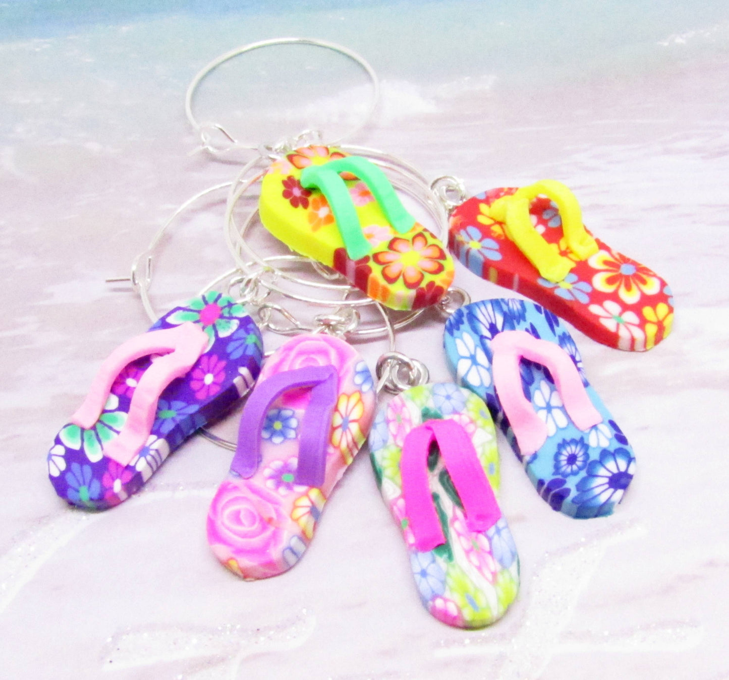 Flip Flop Wine Glass Charms – Colorful Beach Party Favors, Custom Sets of 4, 6, 8 or 10