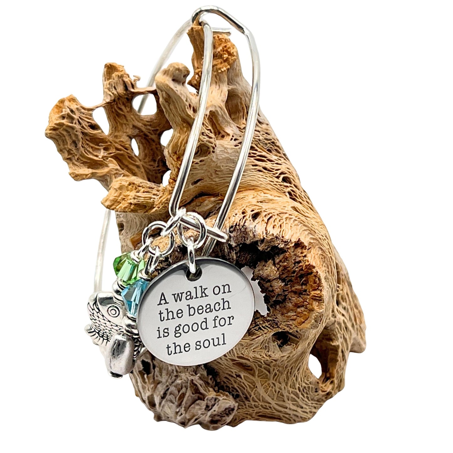 Beach Charm Bangle Bracelet – Inspirational Quote, Snail & Fish Charms, Coastal Gift for Her
