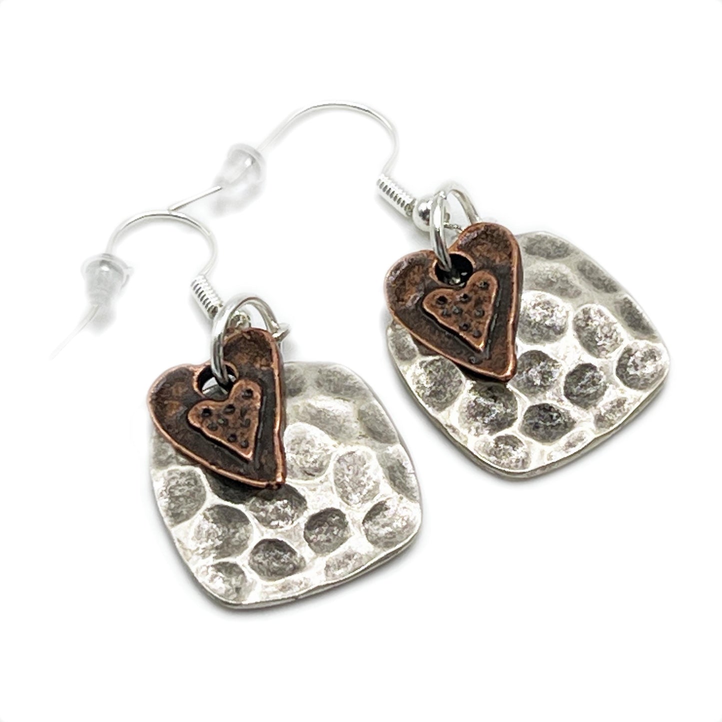 Boho Heart Drop Earrings – Hammered Silver with Copper Detail, Rustic Handmade Jewelry Gift