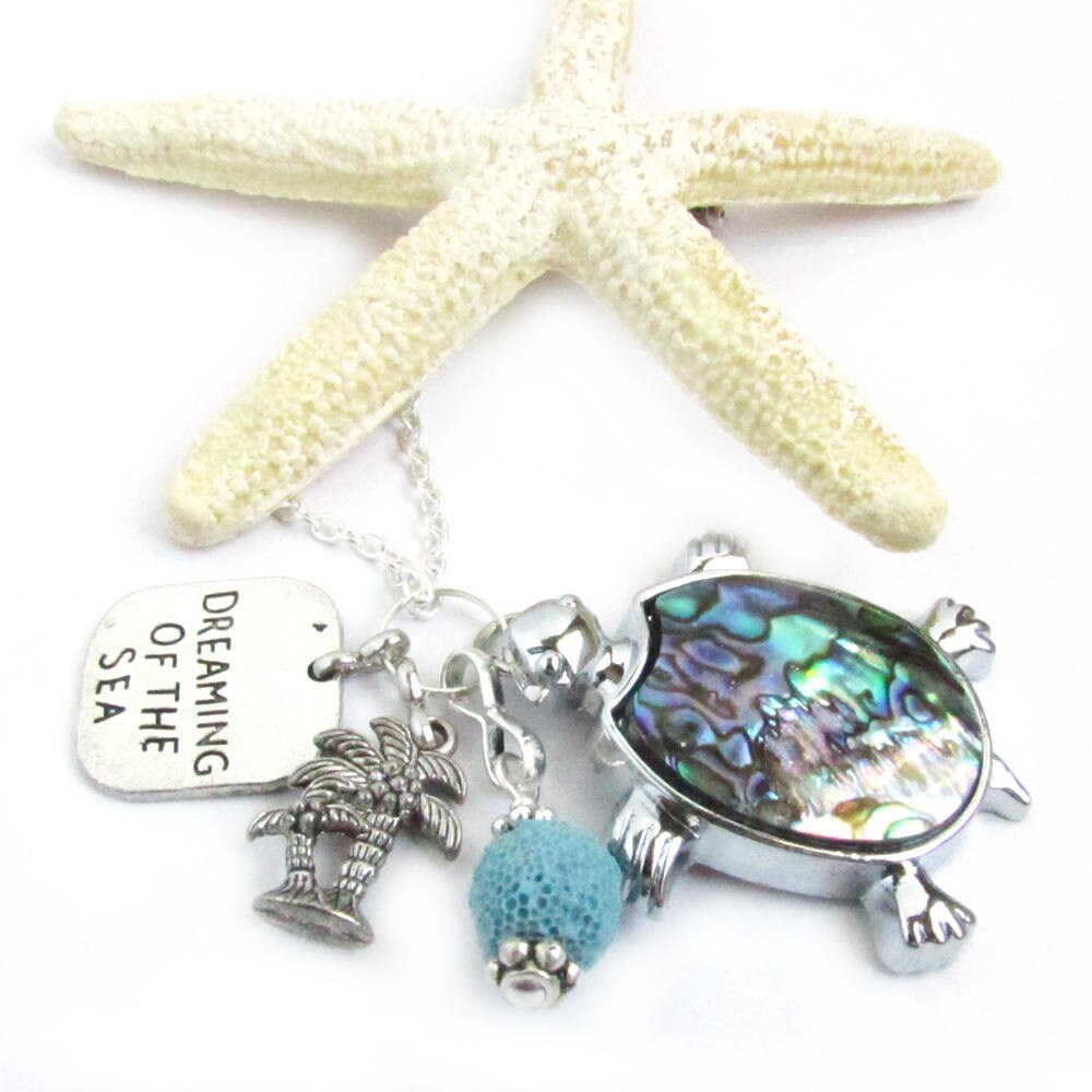 Sea Turtle Car Charm – Abalone Shell Rear View Mirror Diffuser with Lava Bead, Coastal Gift