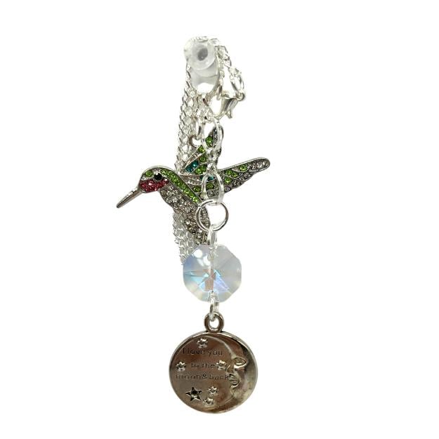 Car Rearview Charm: Colorful Hummingbird - Crystal and Quote Detail