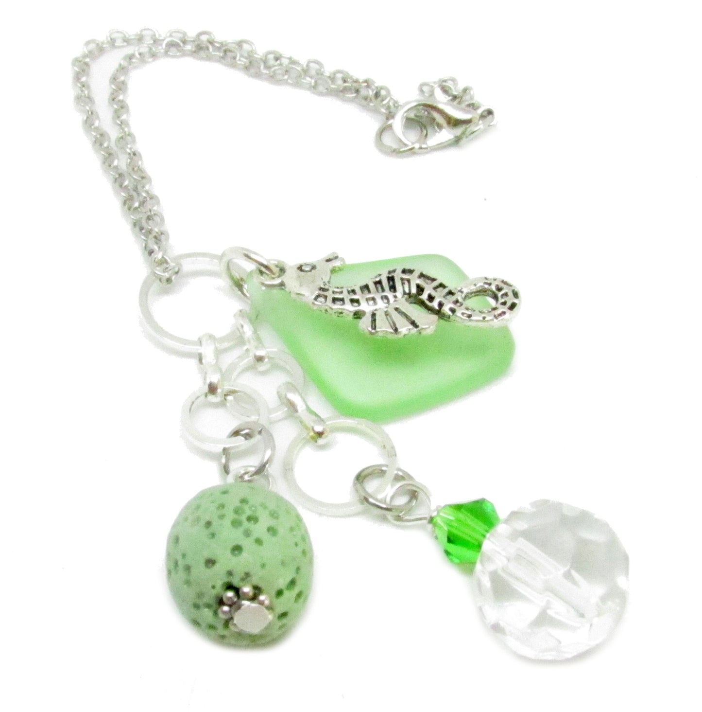 Handmade sea glass rearview mirror car charm with silver seahorse pendant, clear crystal bead and lava diffuser bead