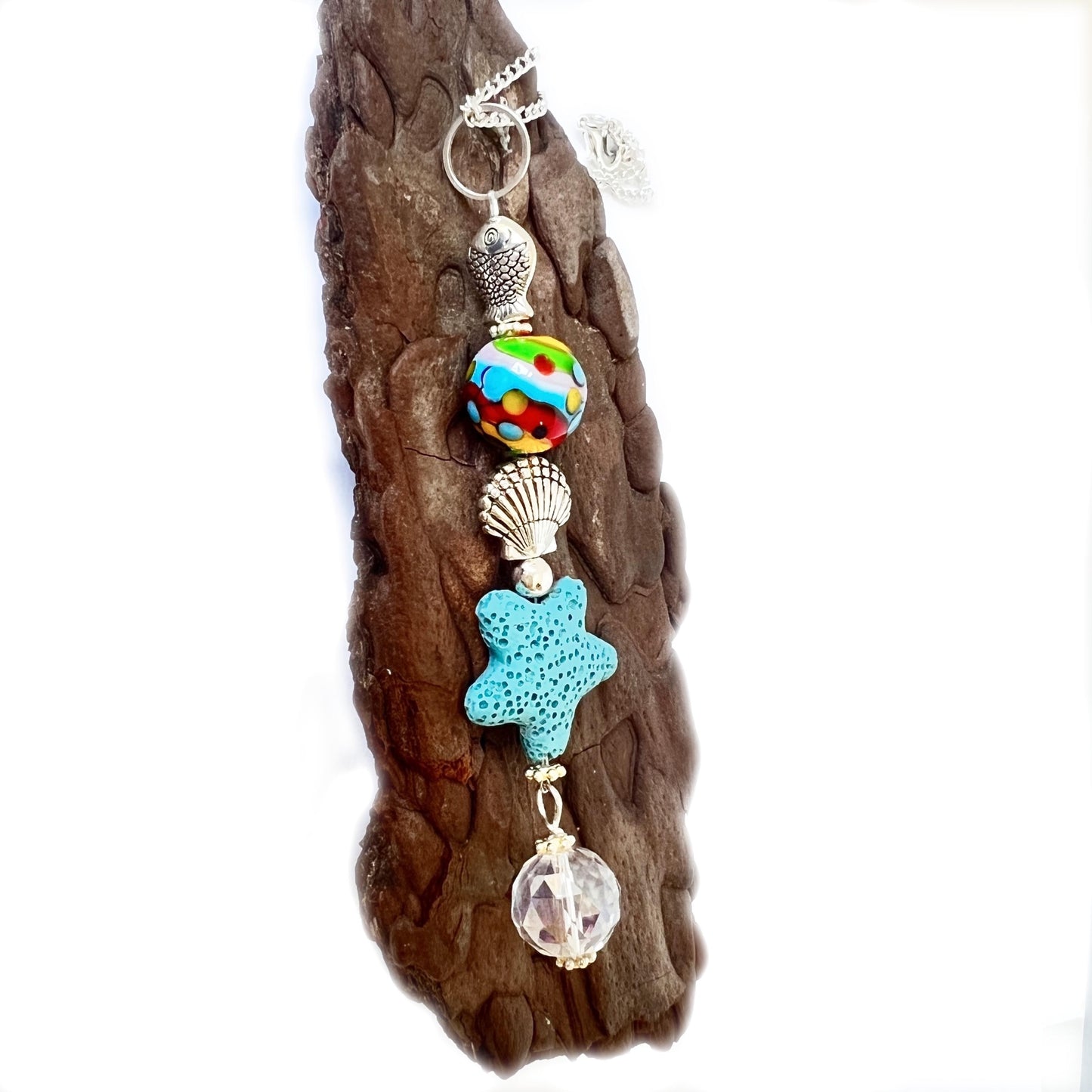 Starfish Car Charm – Beachy Rear View Mirror Diffuser with Lava Bead & Fish Charms