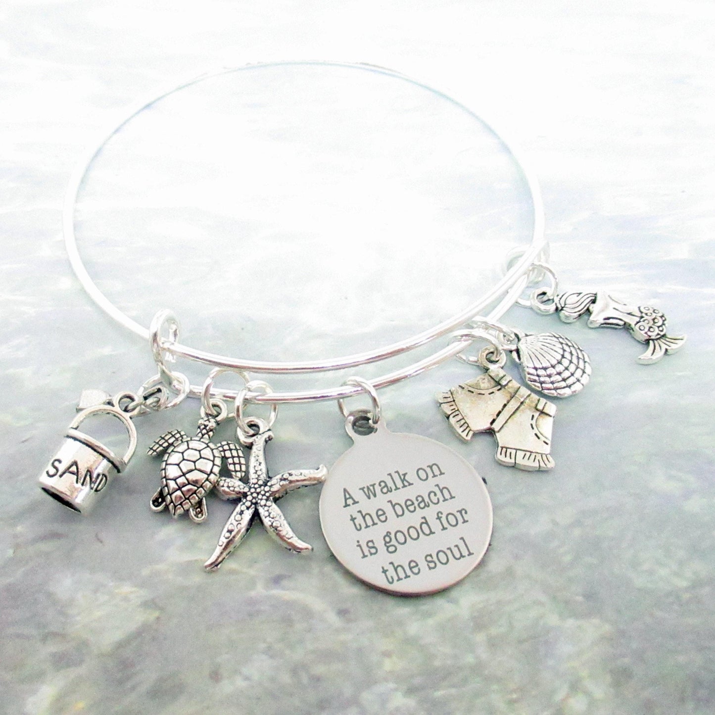 Beach Charm Bangle Bracelet – Sea Turtle, Mermaid & Starfish Ocean Jewelry, Coastal Gift