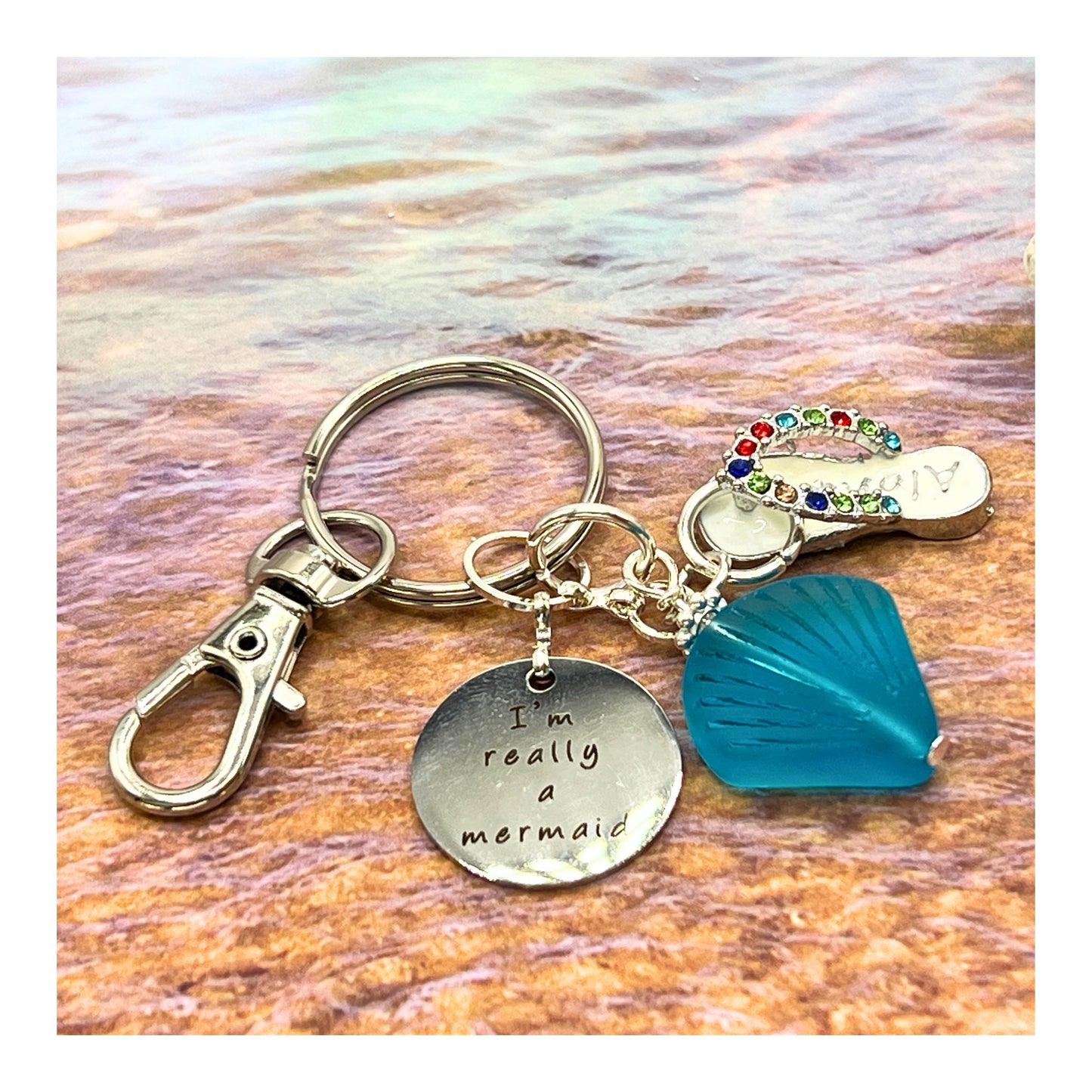 Sea Glass Keychain – Flip Flop & Beach Quote Charm, Coastal Gift for Her (Keychain or Car Charm)