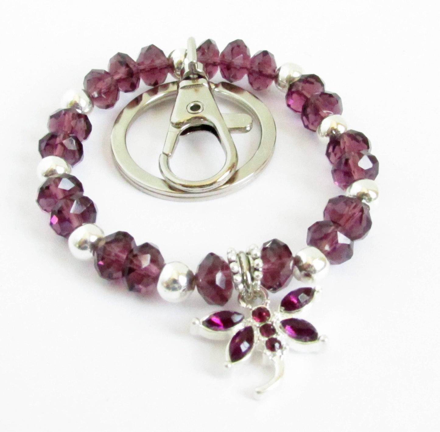 Purple Dragonfly Crystal Keychain Bracelet – Beaded Wrist Lanyard, Handmade Gift for Her
