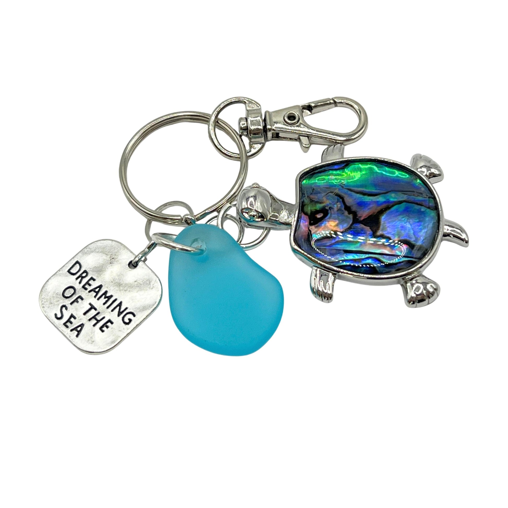 Iridescent abalone turtle charm with sea glass accents, available as keychain or car charm coastal gift