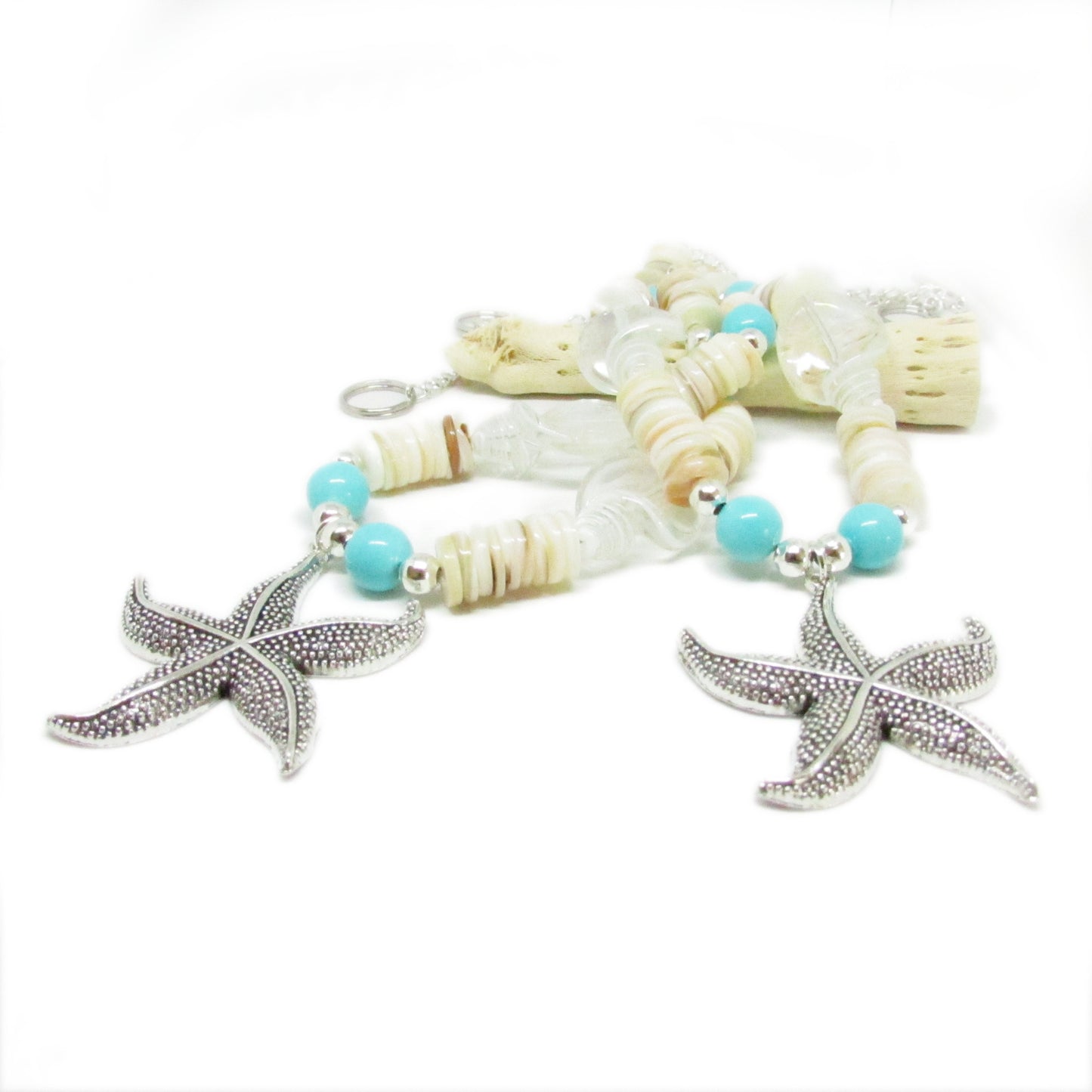 Starfish Curtain Tiebacks – Silver Starfish, Resin Shell & Sea Blue Beads, Coastal Beach House Decor (Set of 2)