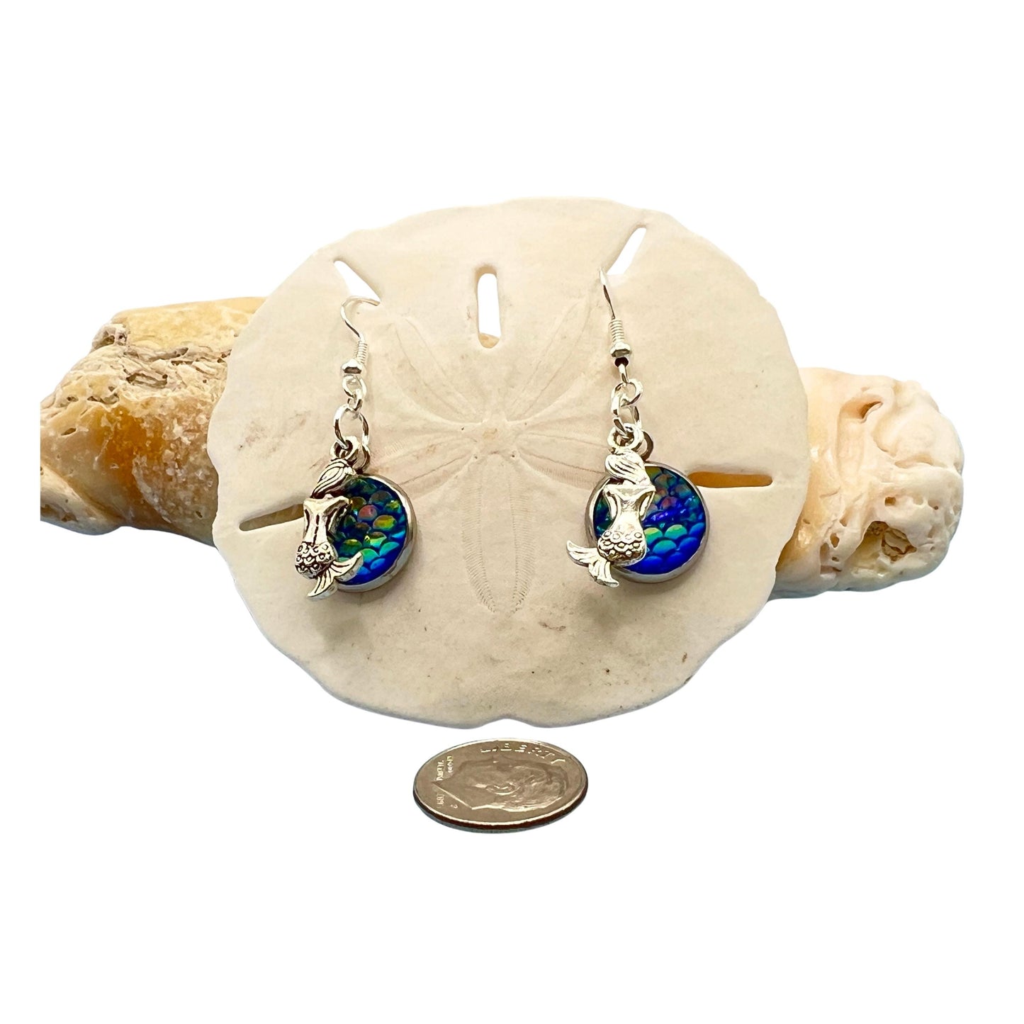 Mermaid Scale Dangle Earrings – Iridescent Fish Scale & Tiny Mermaid Charms, Coastal Ocean Gift