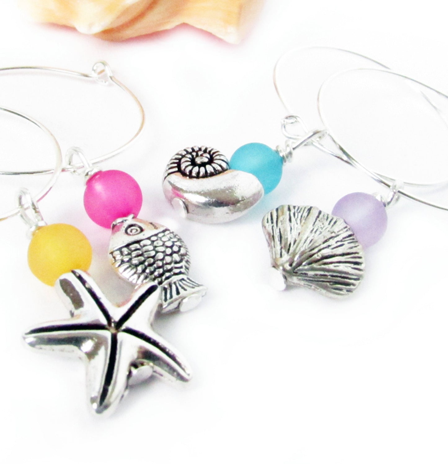Beach Wine Glass Charms – Coastal Drink Markers with Starfish, Fish & Shell, Set of 4
