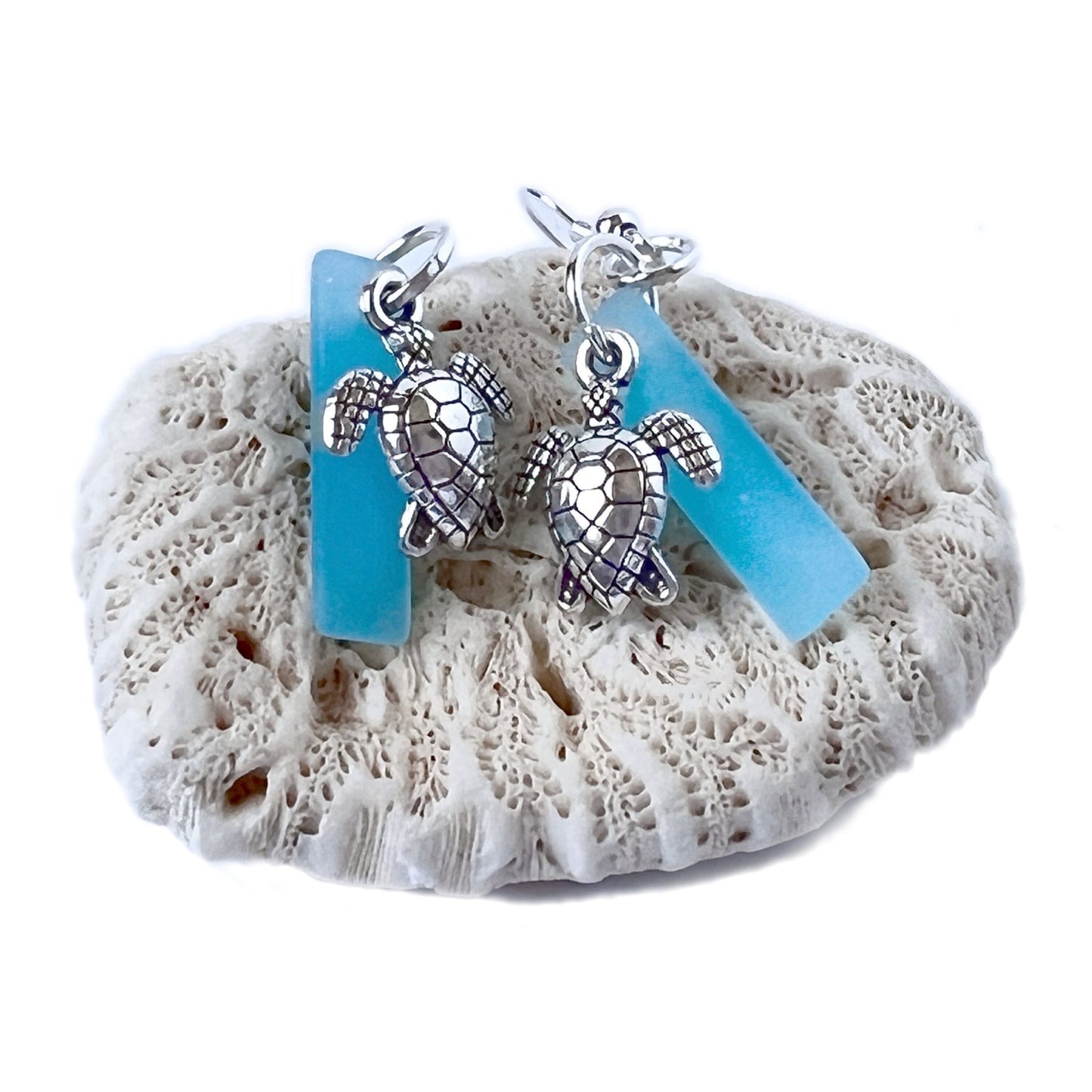 Sea Glass Turtle Dangle Earrings – Beach Wedding Jewelry in Yellow or Blue, Coastal Gift