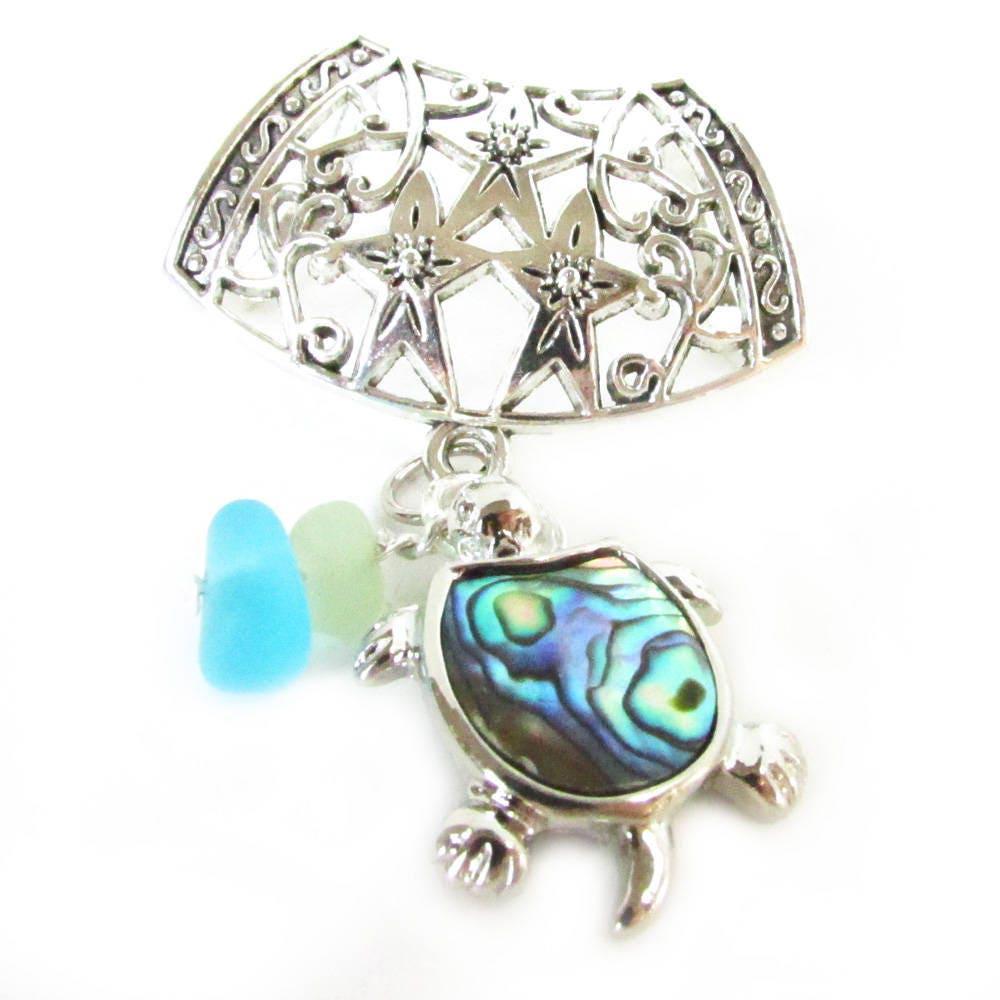 Sea Glass Turtle Scarf Slide – Abalone Shell & Sea Glass Chip Coastal Scarf Jewelry Gift