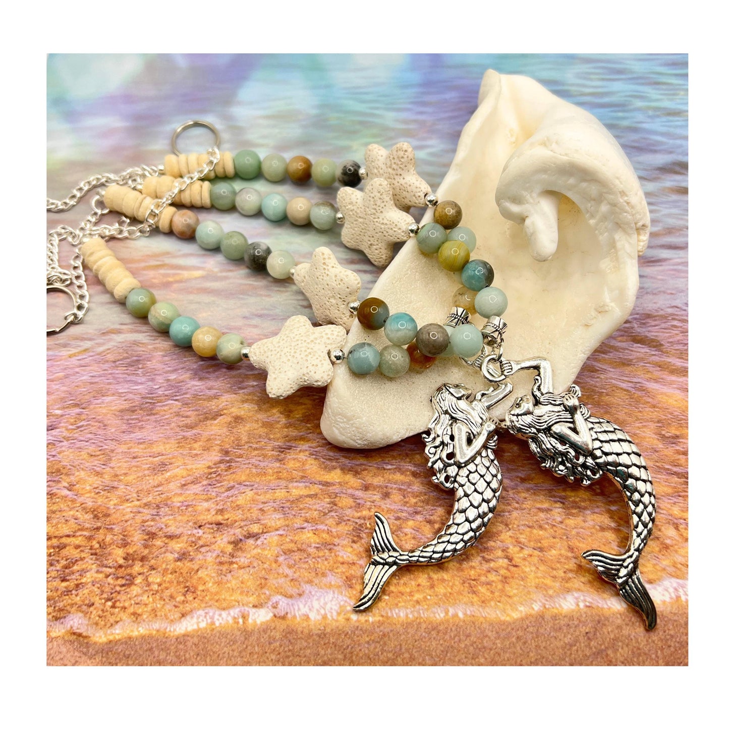 Mermaid Curtain Tiebacks – Amazonite Stone & Lava Bead Aromatherapy Diffuser, Coastal Set of 2