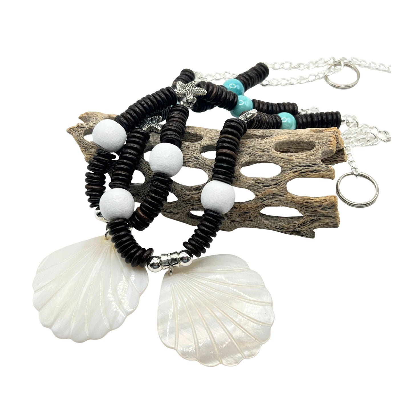 Seashell Curtain Tiebacks – Wood Bead & Starfish Coastal Beach Decor, Set of 2