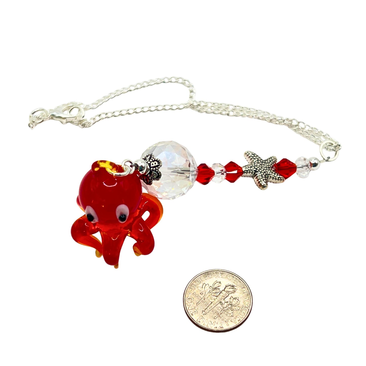 Octopus Car Charm – Red Glass Rear View Mirror Sun Catcher, Handmade Ocean Beach Gift