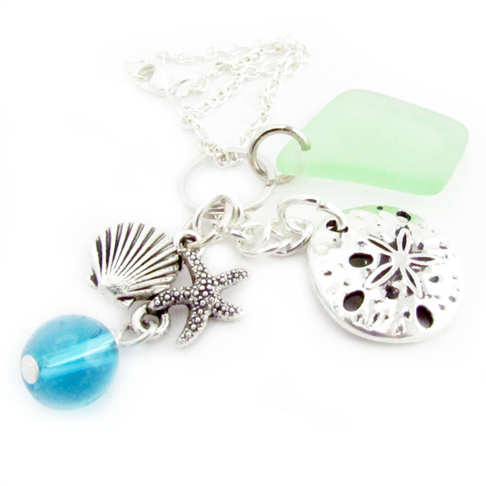 Sea Glass Car Charm with Sand Dollar – Rear View Mirror Lava Bead Diffuser, Ocean Beach Gift