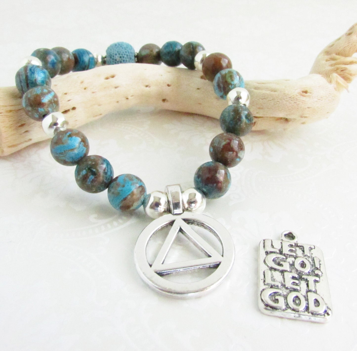 AA Sobriety Bracelet – Blue Crazy Lace Agate & Lava Bead Recovery Jewelry with AA Symbol or Let Go Let God Charm