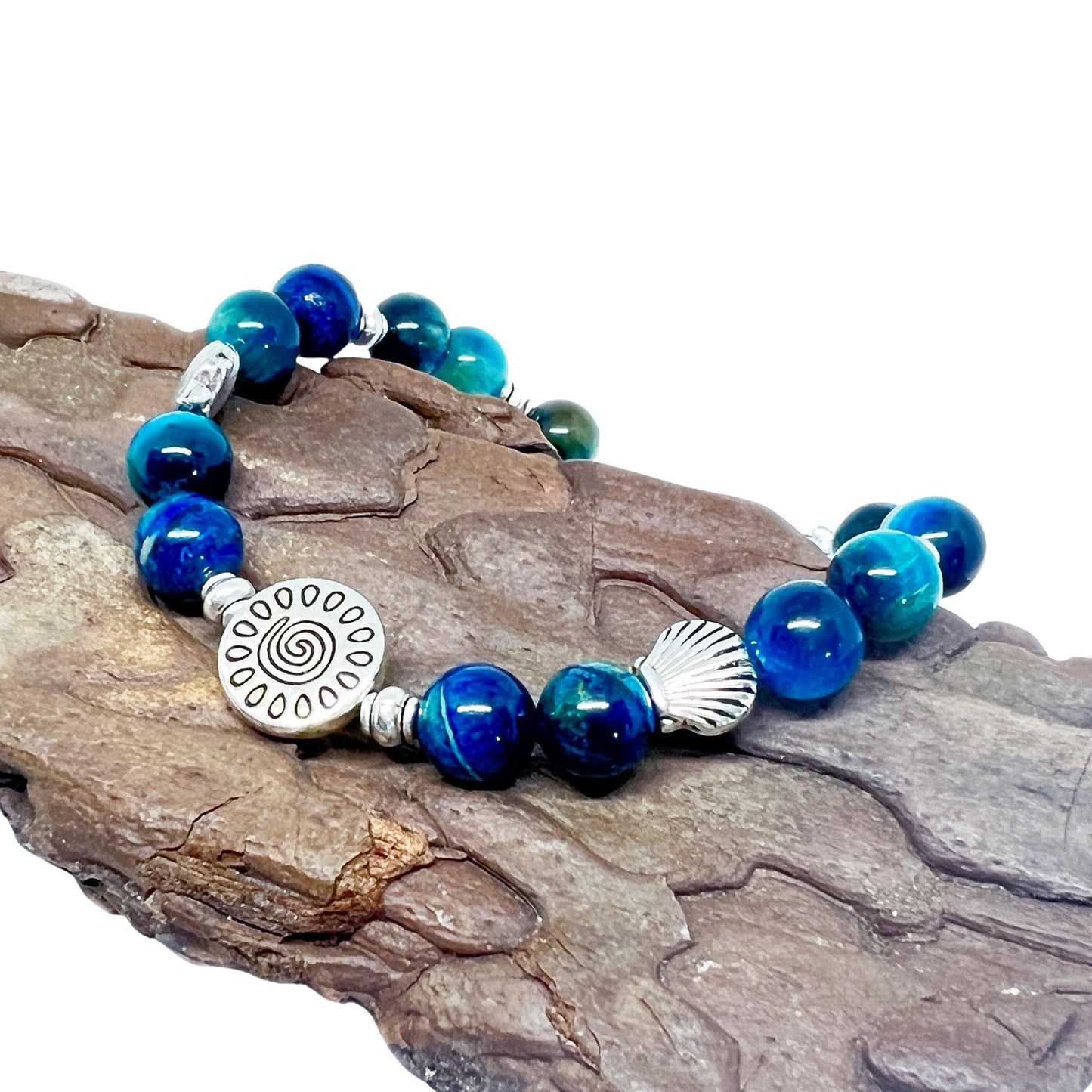 Blue Tiger Eye & Shell Bracelet – Gemstone Coastal Jewelry, Courage & Clarity Gift for Her