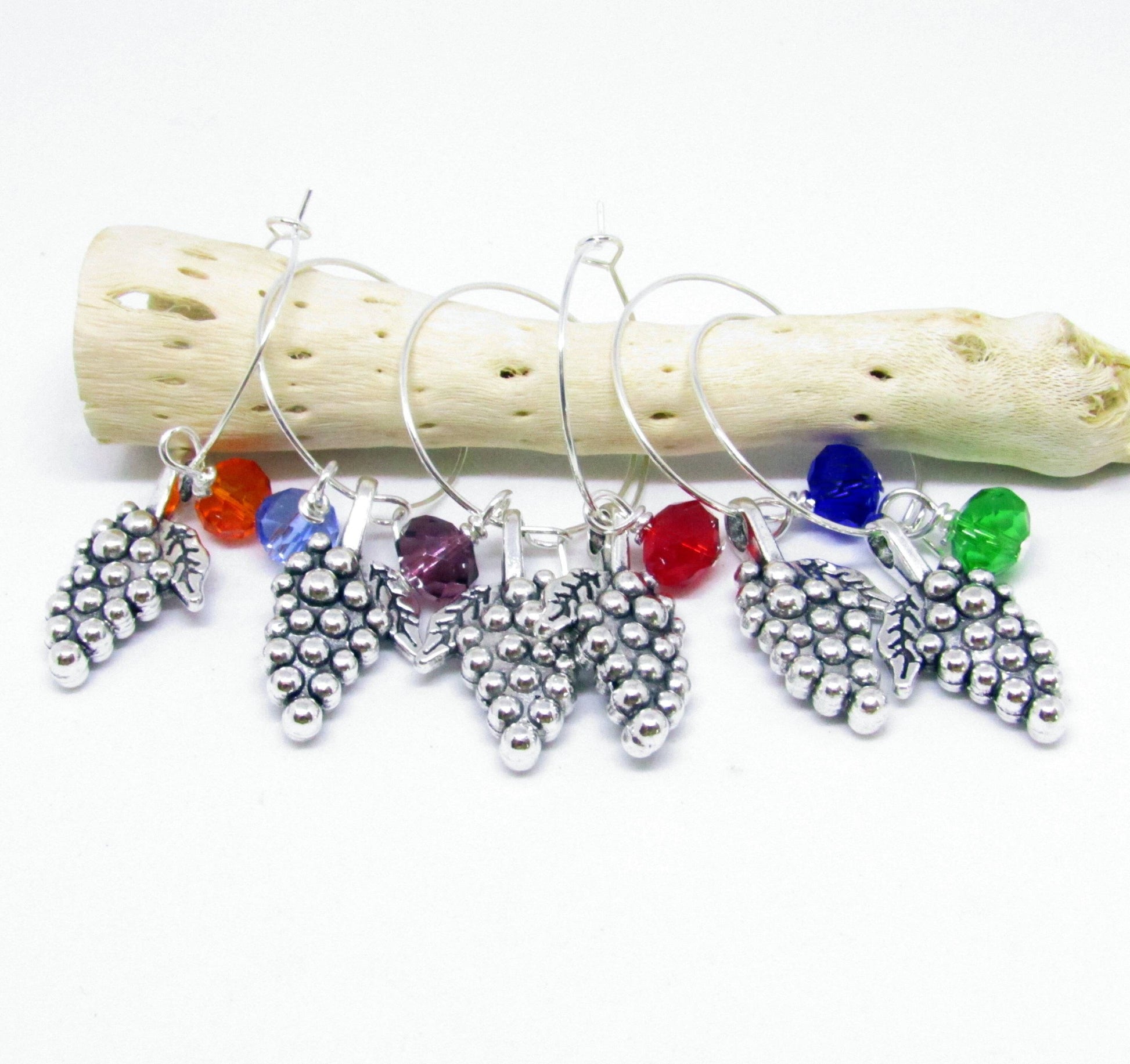 Wine grape bunch charm set with sparkling crystal bead accents, elegant hostess gift for wine lovers