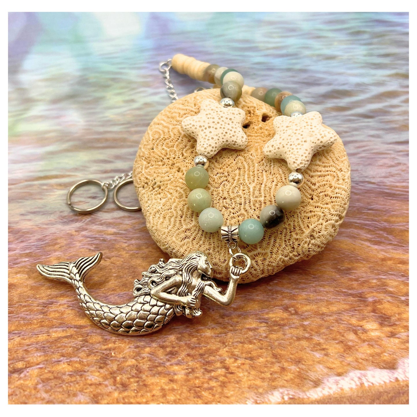 Mermaid Curtain Tiebacks – Amazonite Stone & Lava Bead Aromatherapy Diffuser, Coastal Set of 2