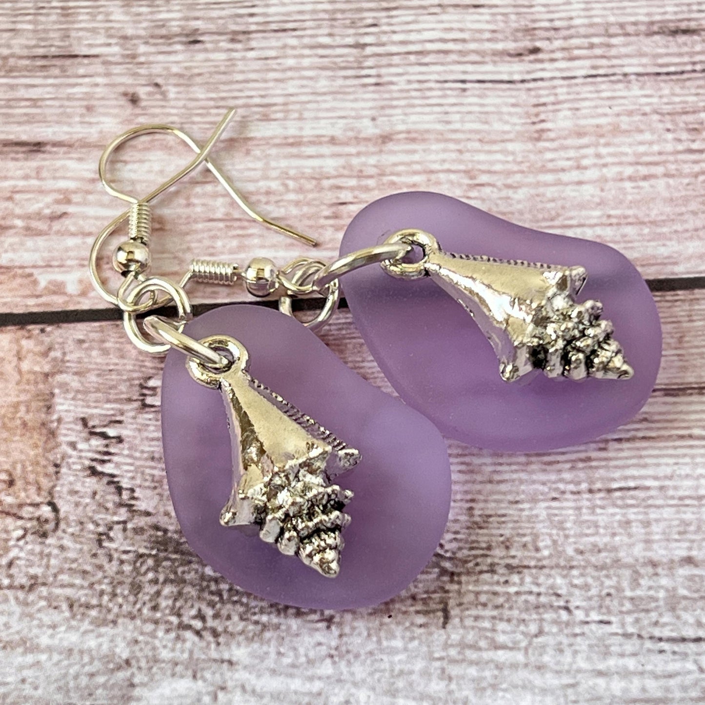 Sea Glass & Seashell Earrings – Purple or Blue Coastal Drop Jewelry, Handmade Beach Gift